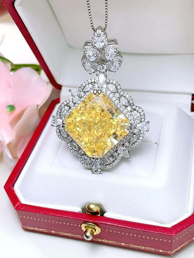 Luxury Curshion Square Yellow Diamond Pendant 18k White Gold Necklace | Mix Mix Style-Mix MIx Style