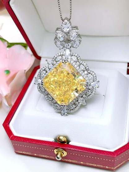 Luxury Curshion Square Yellow Diamond Pendant 18k White Gold Necklace | Mix Mix Style-Mix MIx Style