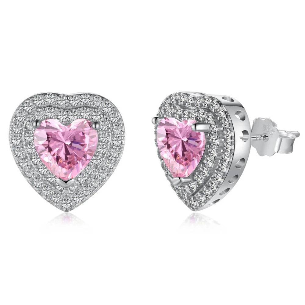 Love Colorful Dazzling Trendy Pink Heart Cut Moissanite Diamond Elegant 18k White Gold Plated Stud Earrings | Mix Mix Style