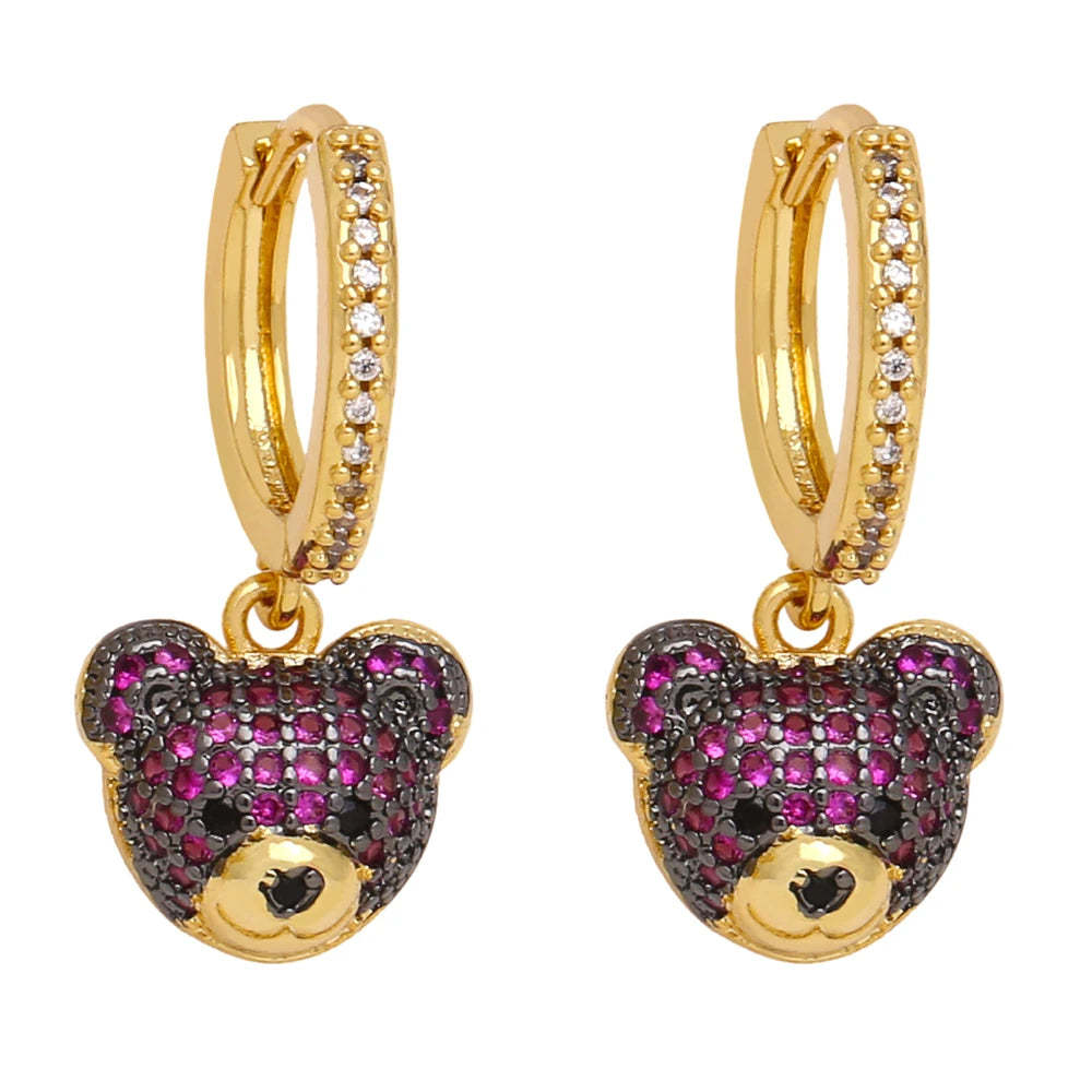 FLOLA Copper Zircon Hoops Bear Earrings for Women CZ Green Crystal Bear Dangle Earrings Gold Plated Jewelry Friends Gifts erst17