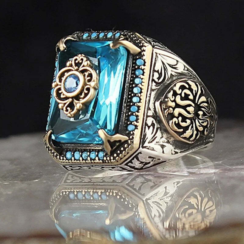 Antique Black - Green - Blue Radiant Cut Moissanite Diamond 18k Vermeil Gold Plated Luxurious Ring | Mix Mix Style