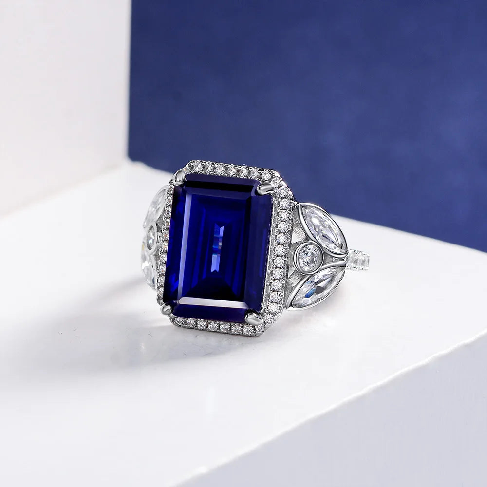 Dazzle Royal Blue Emerald Cut Moissanite Diamonds 18k White Gold Plated Engagement Ring-Mix MIx Style
