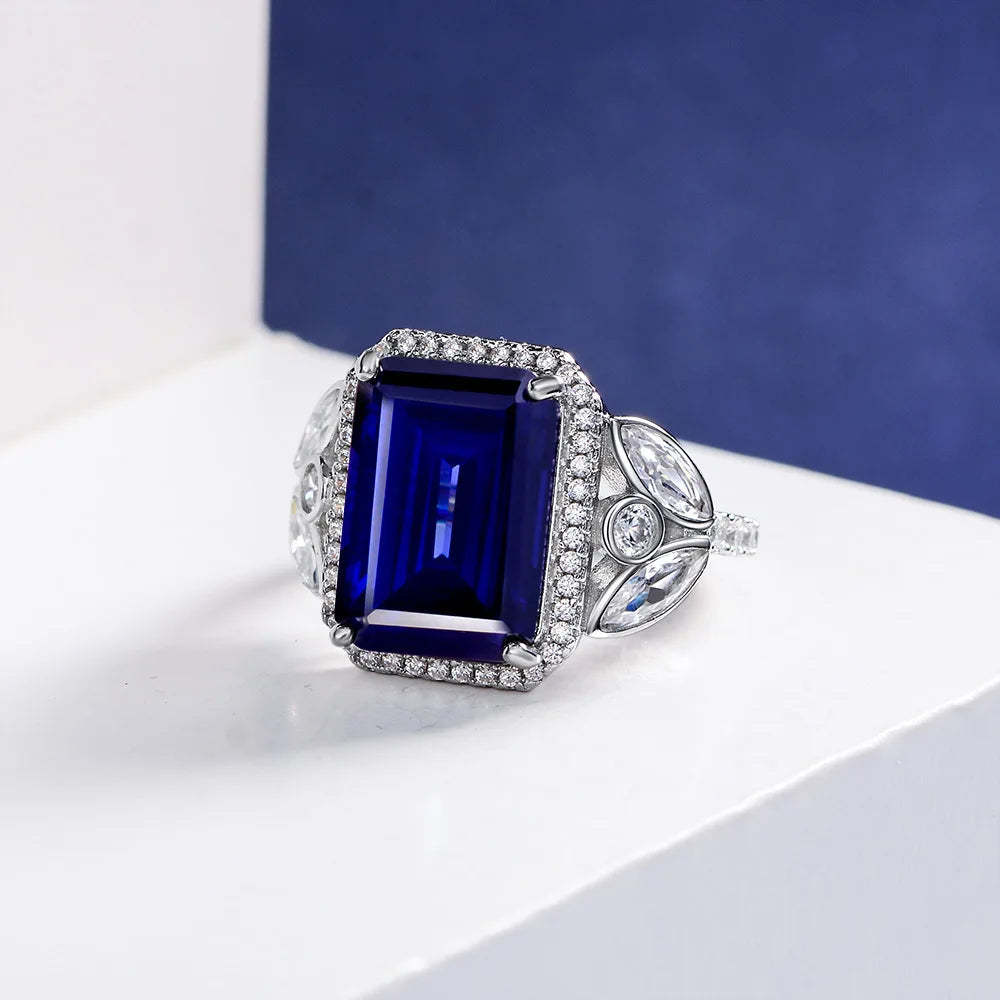 Dazzle Royal Blue Emerald Cut Moissanite Diamonds 18k White Gold Plated Engagement Ring-Mix MIx Style