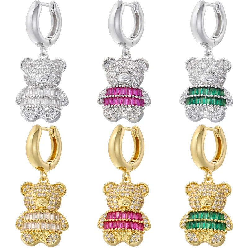 ZHUKOU Cute Bear drop earrings Rainbow cubic zirconia small hoop earrings Enamel drip oil Bear women earrings wholesale VE1141