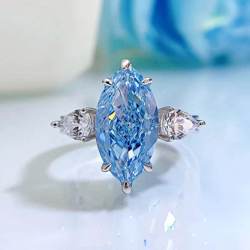 Ocean Solitarie Blue Marquise Cut Moissanite Diamond 18k White Gold Plated Engagement Ring-Mix MIx Style