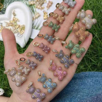 Luxury Fine Inlaid Rainbow Cubic Zironia Charm Pendant,Cute Bear Jewelry Necklace Bracelet Making Wholesale Supplies M85