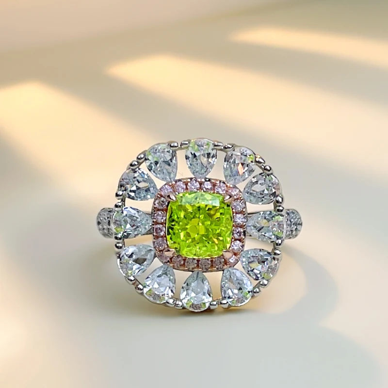 Flower Style Olive Green Cushion Cut Moissanite Diamond White Gold Plated Engagement Ring Set  | Mix Mix Style-Mix MIx Style