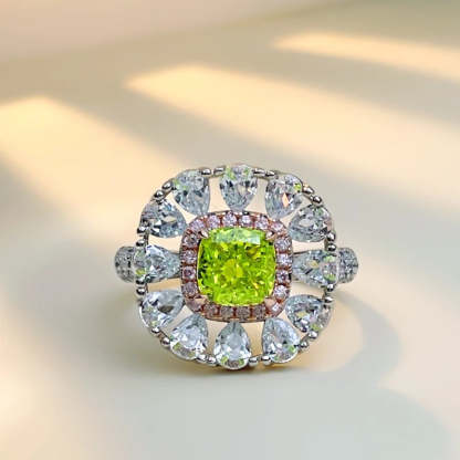Flower Style Olive Green Cushion Cut Moissanite Diamond White Gold Plated Engagement Ring Set  | Mix Mix Style-Mix MIx Style