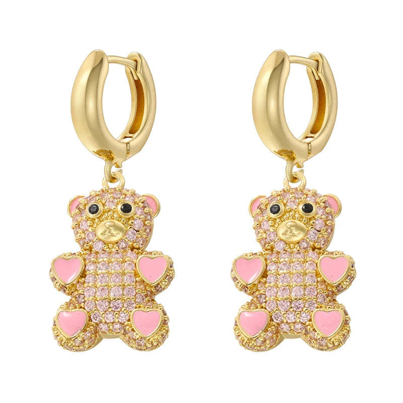 ZHUKOU Cute Bear drop earrings Rainbow cubic zirconia small hoop earrings Enamel drip oil Bear women earrings wholesale VE1141