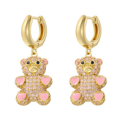ZHUKOU Cute Bear drop earrings Rainbow cubic zirconia small hoop earrings Enamel drip oil Bear women earrings wholesale VE1141