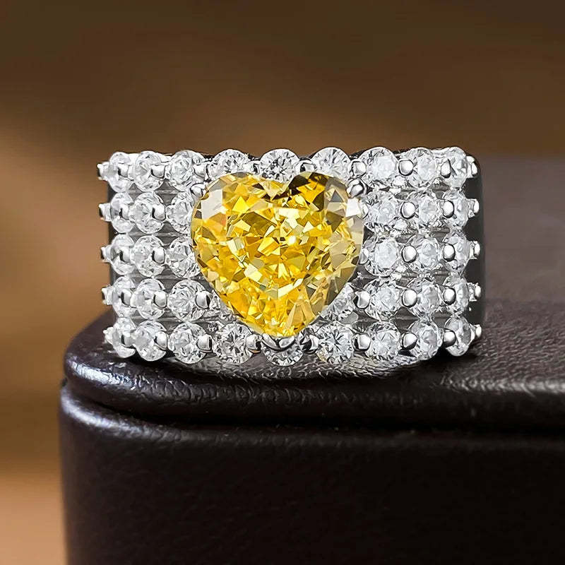 Thick Luxurious Yellow Heart Cut Moissanite Diamond 8x8mm 18k White Gold Wedding Engagement Fine Ring | Mix Mix Style-Mix MIx Style