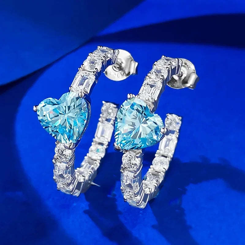 Pink & Blue Dazzling Heart Cut Moissanite Diamond Elegant 18k White Gold Plated Hoop Earrings | Mix Mix Style