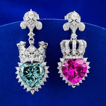 Crown Blue & Pink Love Dazzling Trendy Heart Cut Moissanite Diamond Luxury 18k White Gold Plated Drop Earrings | Mix Mix Style