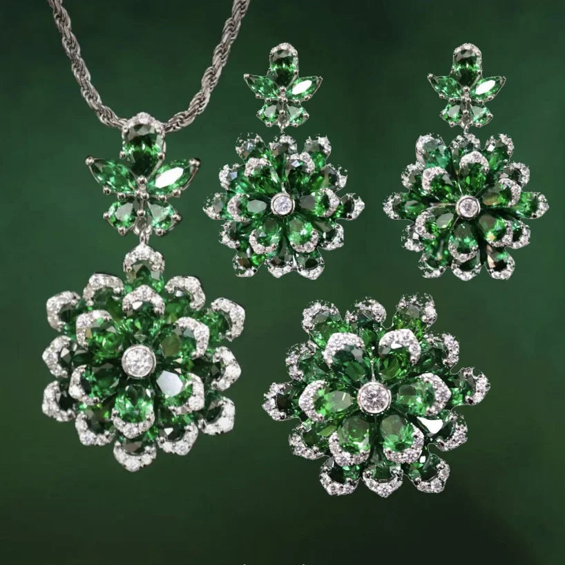 Vintage Flower Moissanite Diamond Sapphire Gemstone Ring/Necklace/Earrings Jewelry Sets | Mix Mix Style [Hot Seller]-Mix MIx Style