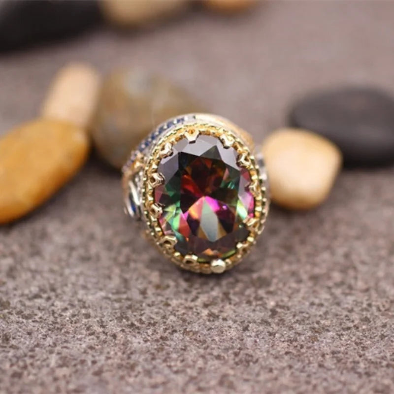 Multicolor Embellished Oval Cut Moissanite Diamond 18k White & Vermeil Gold Plated Luxurious Ring | Mix Mix Style