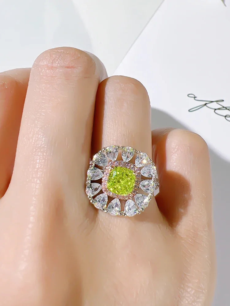 Flower Style Olive Green Cushion Cut Moissanite Diamond White Gold Plated Engagement Ring Set  | Mix Mix Style-Mix MIx Style