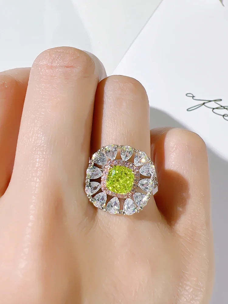 Flower Style Olive Green Cushion Cut Moissanite Diamond White Gold Plated Engagement Ring Set  | Mix Mix Style-Mix MIx Style