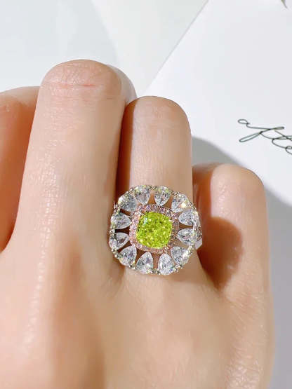 Flower Style Olive Green Cushion Cut Moissanite Diamond White Gold Plated Engagement Ring Set  | Mix Mix Style-Mix MIx Style