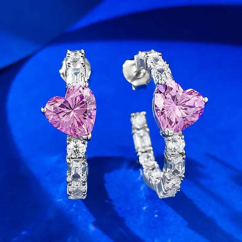 Pink & Blue Dazzling Heart Cut Moissanite Diamond Elegant 18k White Gold Plated Hoop Earrings | Mix Mix Style