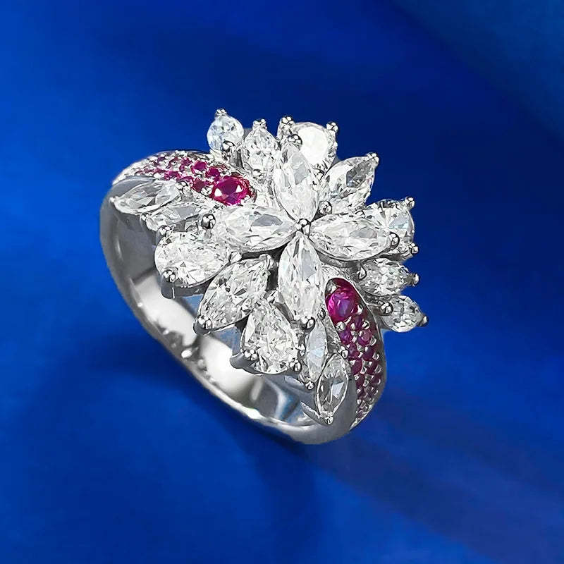 Charm Flower Ruby Diamond Ring 100% Real 925 Sterling Silver Party Wedding Band Rings for Women Bridal Engagement Jewelry