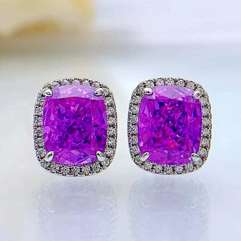 Pink - Green - Blue Classic Trendy Radiant Cut Moissanite Diamond 3ct Elegant 18k White Gold Plated Stud Earrings | Mix Mix Style