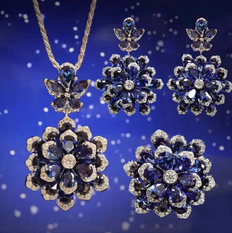 Vintage Flower Moissanite Diamond Sapphire Gemstone Ring/Necklace/Earrings Jewelry Sets | Mix Mix Style [Hot Seller]-Mix MIx Style