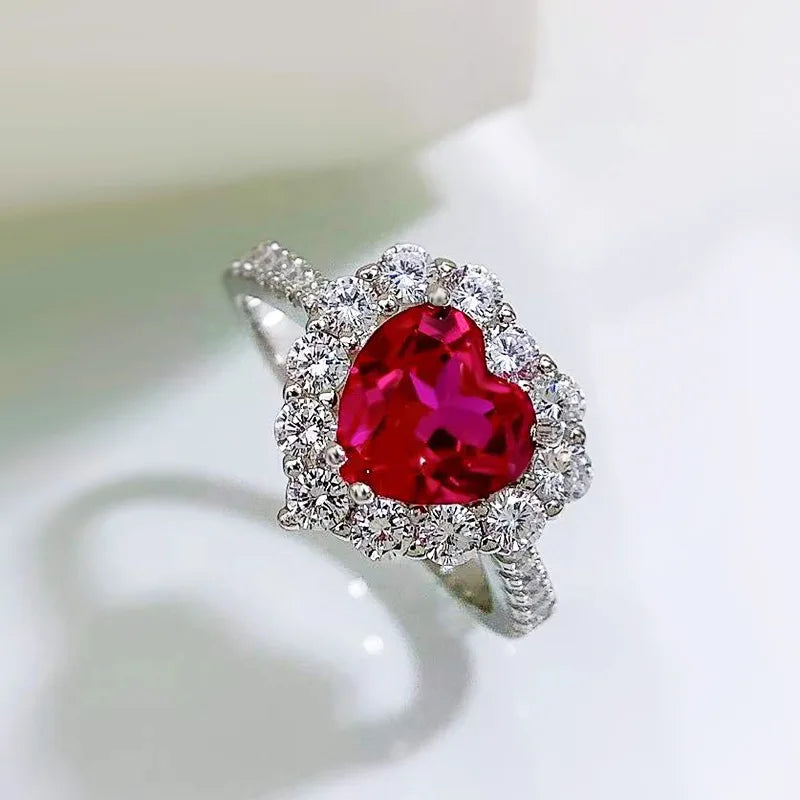 Deep Pink & Green Heart Cut Moissanite Diamond 8x8 18k White Gold Plated Luxury Retro Engagement Ring | Mix Mix Style-Mix MIx Style