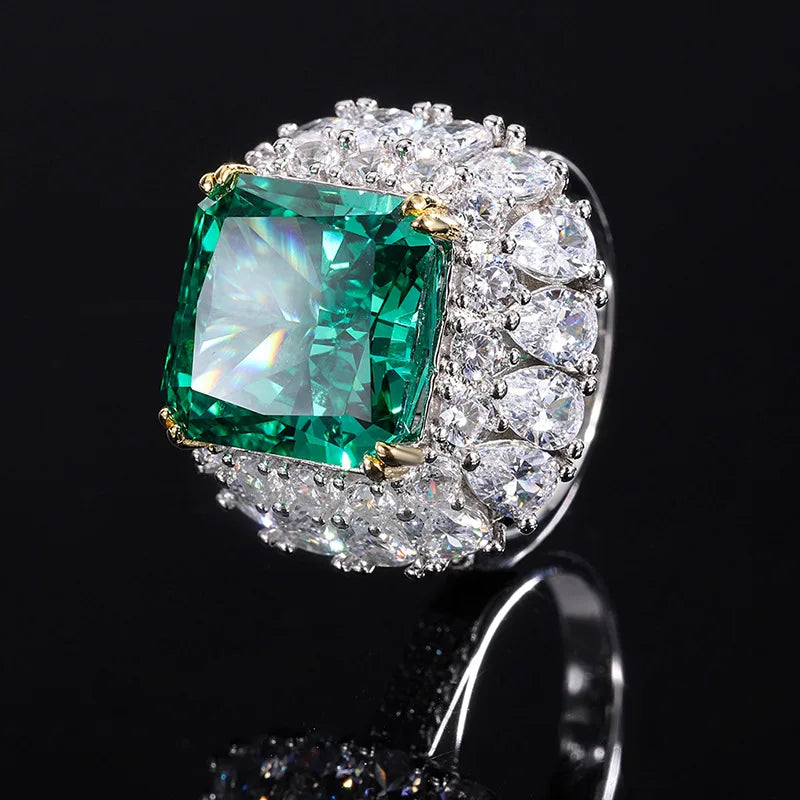 Green/Yellow Cushion Cut Moissanite Diamond 12x16mm 18k White Gold Plated Fin Engagement Ring | Mix Mix Style-Mix MIx Style