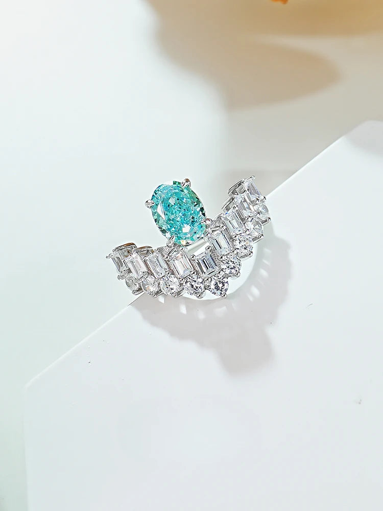 Double Row Ocean Blue Oval Cut Moissanite Diamond 18k White Gold Plated Engagement Ring-Mix MIx Style