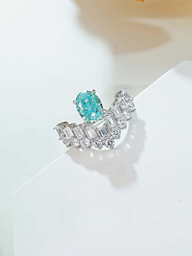 Double Row Ocean Blue Oval Cut Moissanite Diamond 18k White Gold Plated Engagement Ring-Mix MIx Style