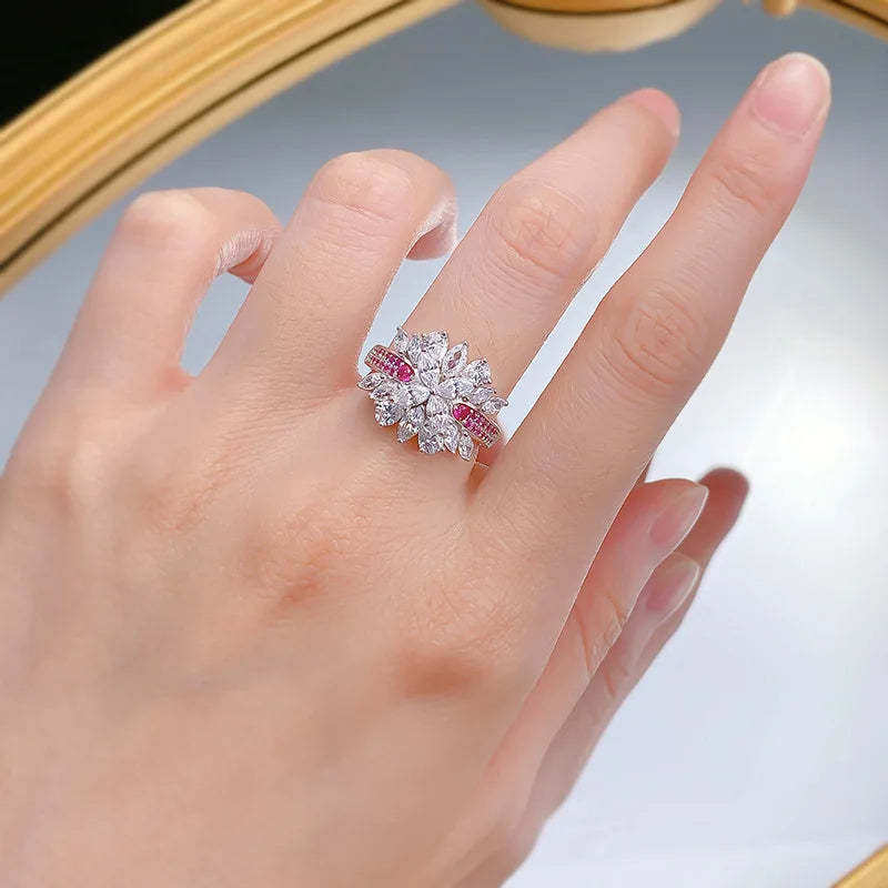 Charm Flower Ruby Diamond Ring 100% Real 925 Sterling Silver Party Wedding Band Rings for Women Bridal Engagement Jewelry