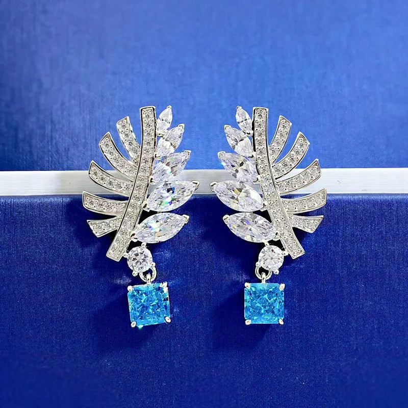 Leaf Classic Timeless Blue Cushion Cut Moissanite Diamond Elegant 18k White Gold Plated Earrings | Mix Mix Style