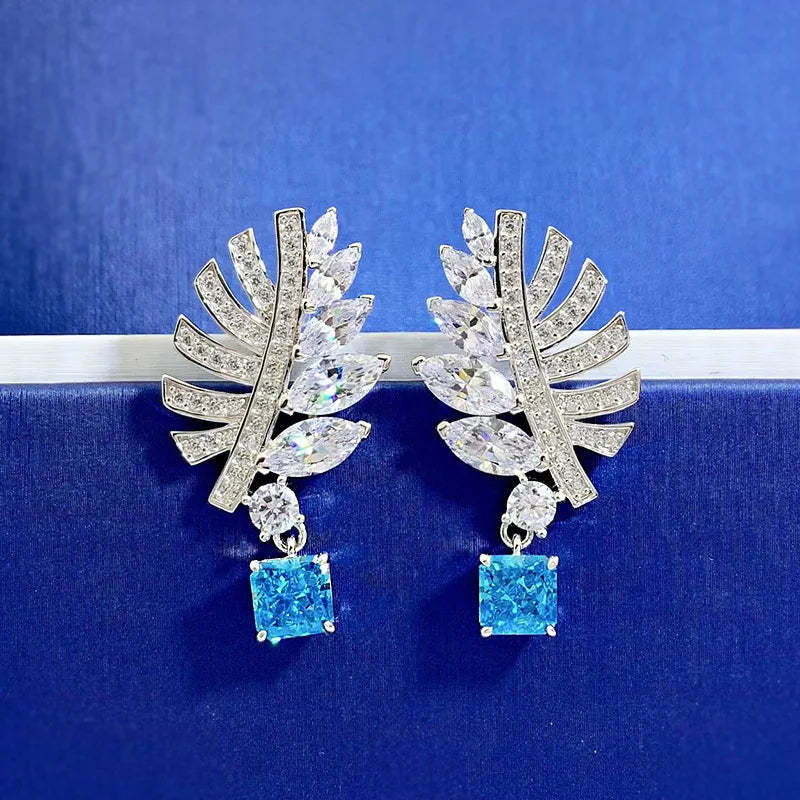 Leaf Classic Timeless Blue Cushion Cut Moissanite Diamond Elegant 18k White Gold Plated Earrings | Mix Mix Style