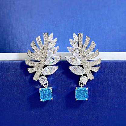 Leaf Classic Timeless Blue Cushion Cut Moissanite Diamond Elegant 18k White Gold Plated Earrings | Mix Mix Style
