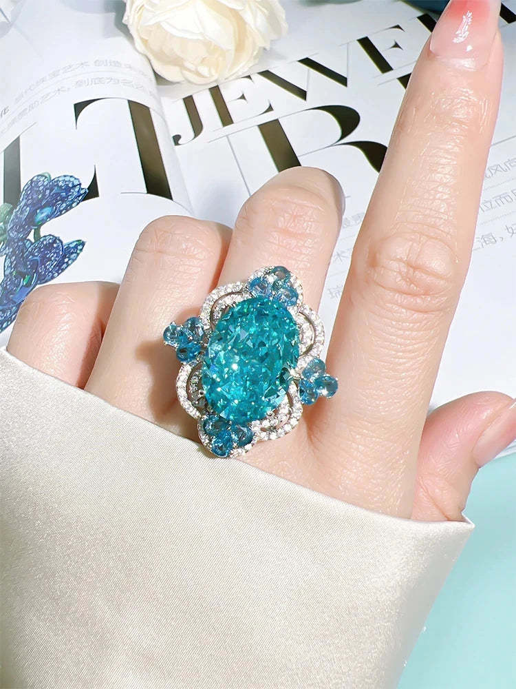 Sea Blue Luxury Marquise Cut Diamond Diamond Temperament Retro 18k White Gold Plated Engagement Ring | Mix Mix Style-Mix MIx Style