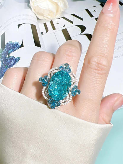 Sea Blue Luxury Marquise Cut Diamond Diamond Temperament Retro 18k White Gold Plated Engagement Ring | Mix Mix Style-Mix MIx Style