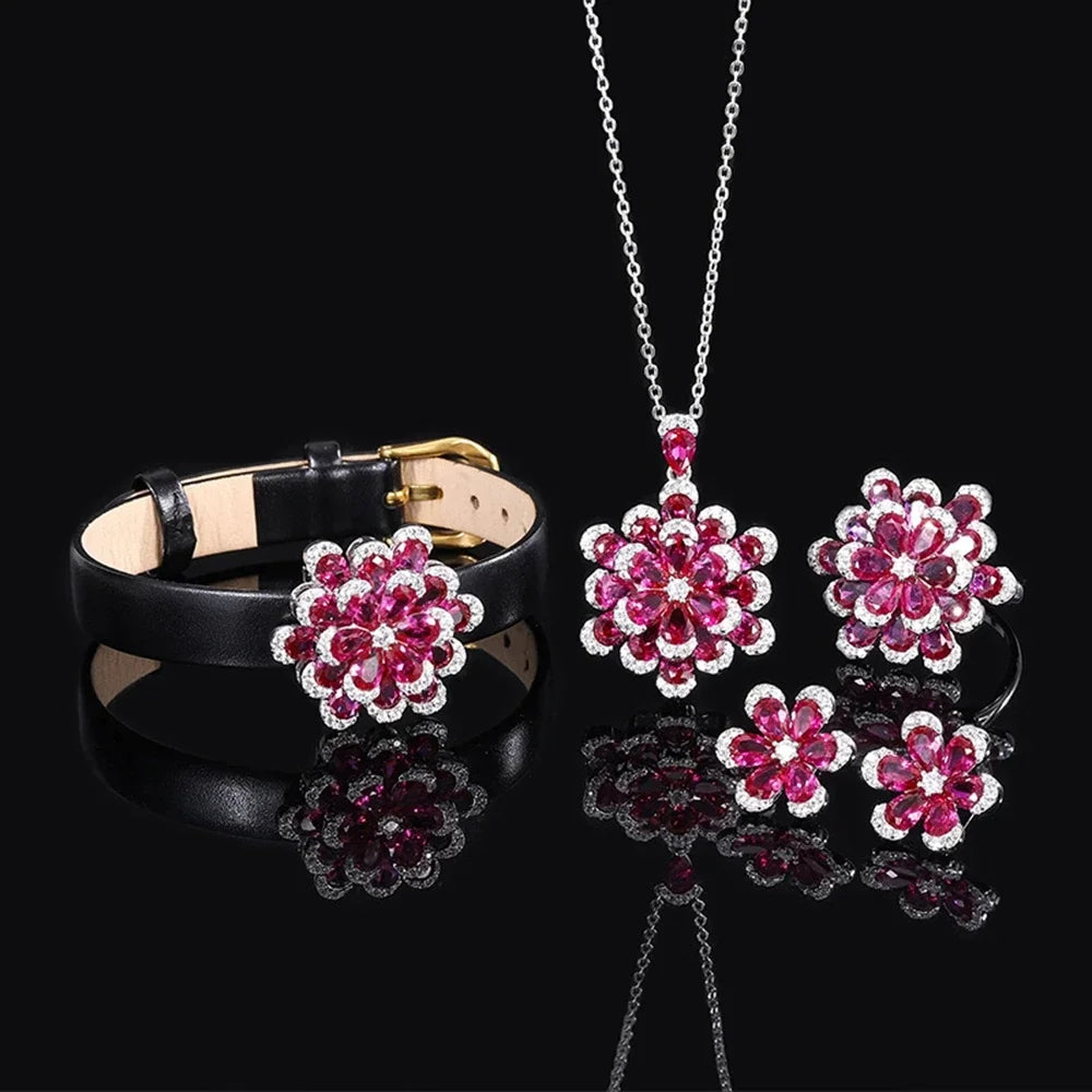 Vintage Flower Ruby Lab Sapphire Gemstone Ring/Necklace/Earrings/Bracelets Jewelry Sets | Mix Mix Style [Hot Seller]-Mix MIx Style