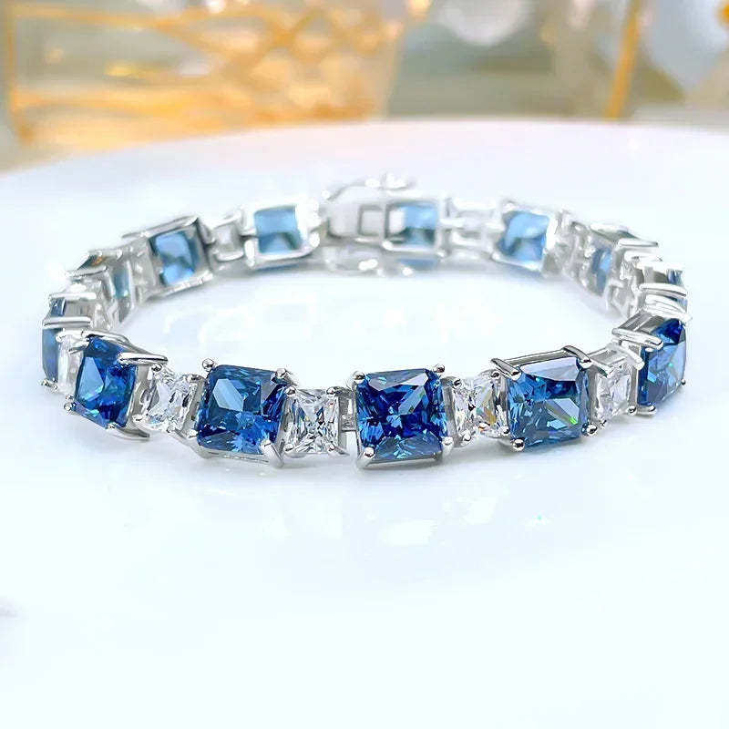 Fashion Light Luxury Blue Diamond Princess Square 18k White Gold Bracelet | Mix Mix Style-Mix MIx Style