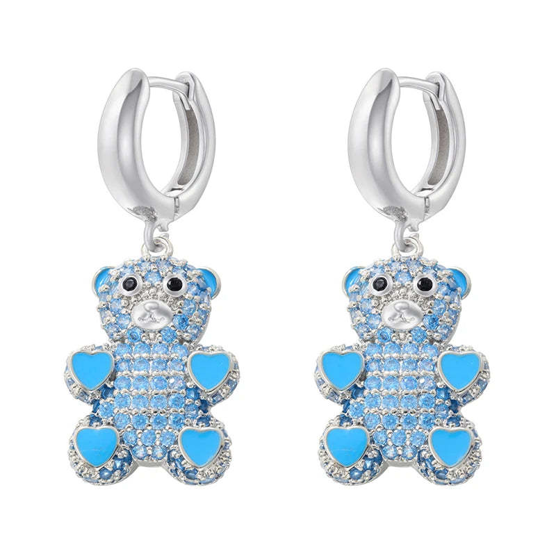 ZHUKOU Cute Bear drop earrings Rainbow cubic zirconia small hoop earrings Enamel drip oil Bear women earrings wholesale VE1141