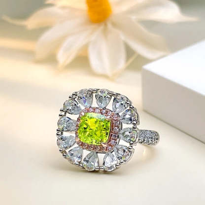Flower Style Olive Green Cushion Cut Moissanite Diamond White Gold Plated Engagement Ring Set  | Mix Mix Style-Mix MIx Style