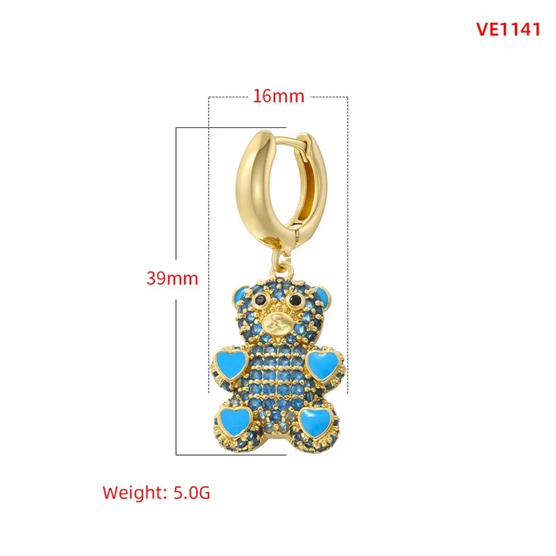 ZHUKOU Cute Bear drop earrings Rainbow cubic zirconia small hoop earrings Enamel drip oil Bear women earrings wholesale VE1141