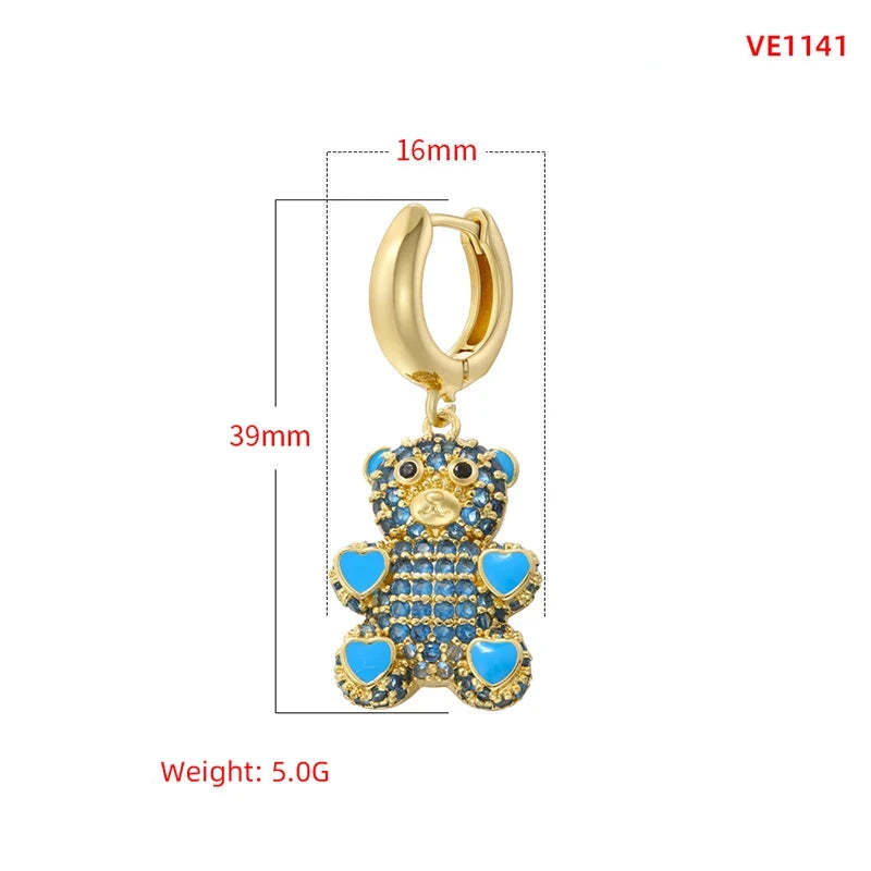 ZHUKOU Cute Bear drop earrings Rainbow cubic zirconia small hoop earrings Enamel drip oil Bear women earrings wholesale VE1141