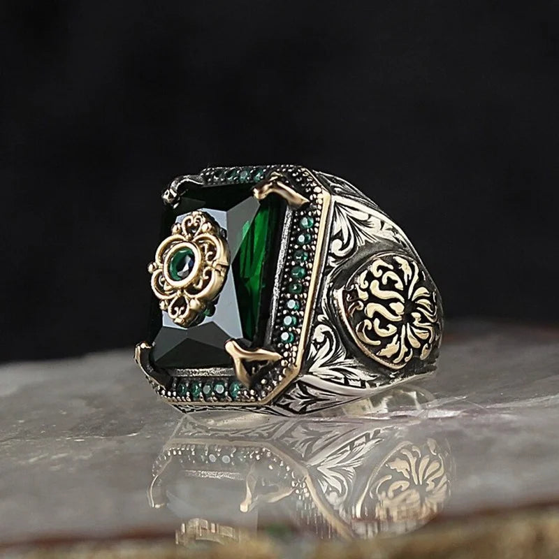 Antique Black - Green - Blue Radiant Cut Moissanite Diamond 18k Vermeil Gold Plated Luxurious Ring | Mix Mix Style
