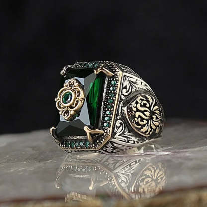 Antique Black - Green - Blue Radiant Cut Moissanite Diamond 18k Vermeil Gold Plated Luxurious Ring | Mix Mix Style