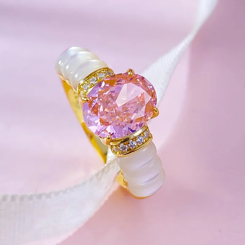 Luxury White & Pink Oval Cut Diamond Elegant 18k Vermeil Gold Plated Wedding Ring | Mix Mix Style-Mix MIx Style