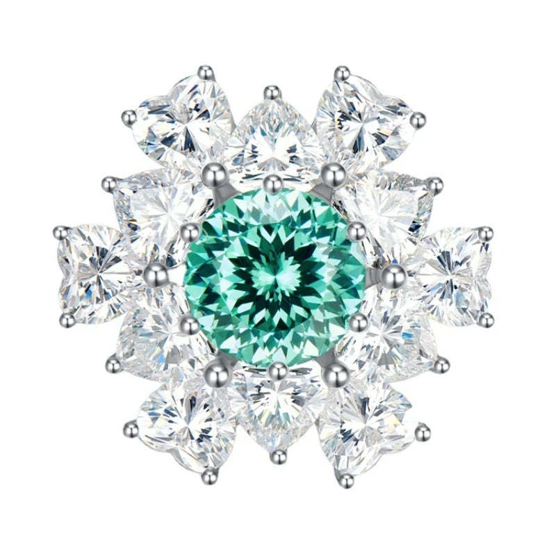 Flower Aquamarine Blue Round Cut Moissanite Diamonds 18k White Gold Plated Engagement Ring-Mix MIx Style