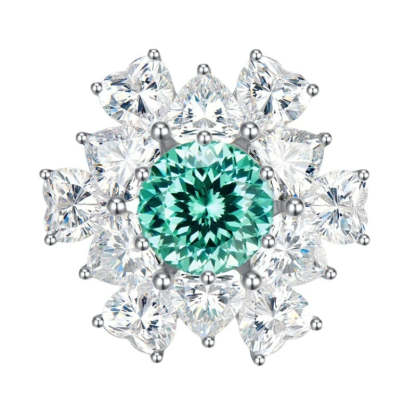 Flower Aquamarine Blue Round Cut Moissanite Diamonds 18k White Gold Plated Engagement Ring-Mix MIx Style