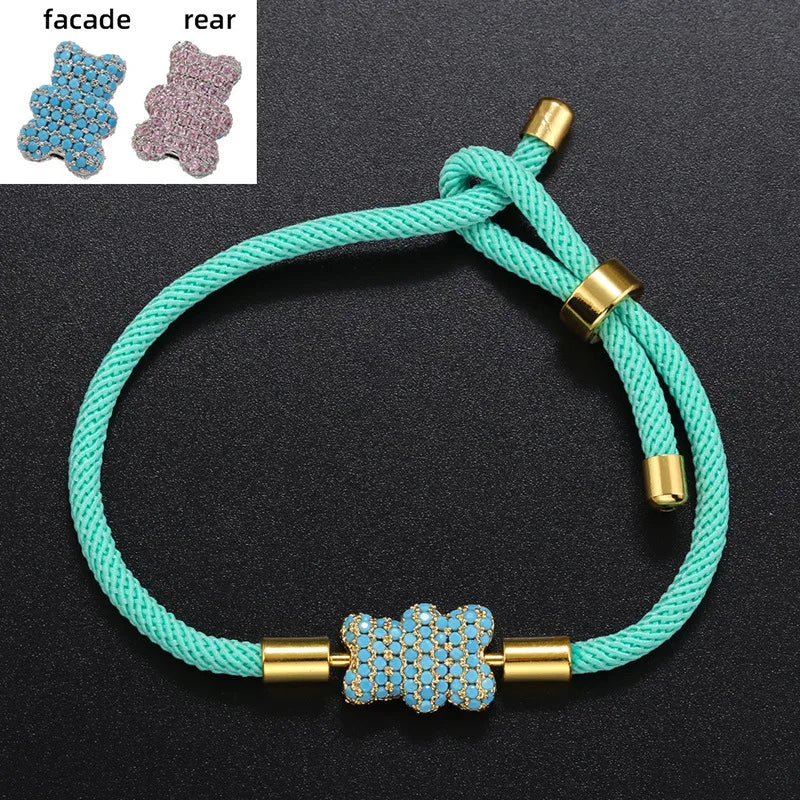 Popular Adorable Bicolor Bear Design Crystal Zircon Double Side Pendant Braided Hand Rope Bracelet Perfect Women's Jewelry Gift