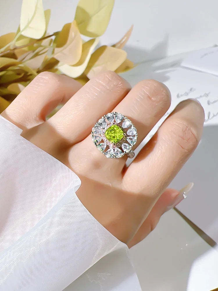 Flower Style Olive Green Cushion Cut Moissanite Diamond White Gold Plated Engagement Ring Set  | Mix Mix Style-Mix MIx Style