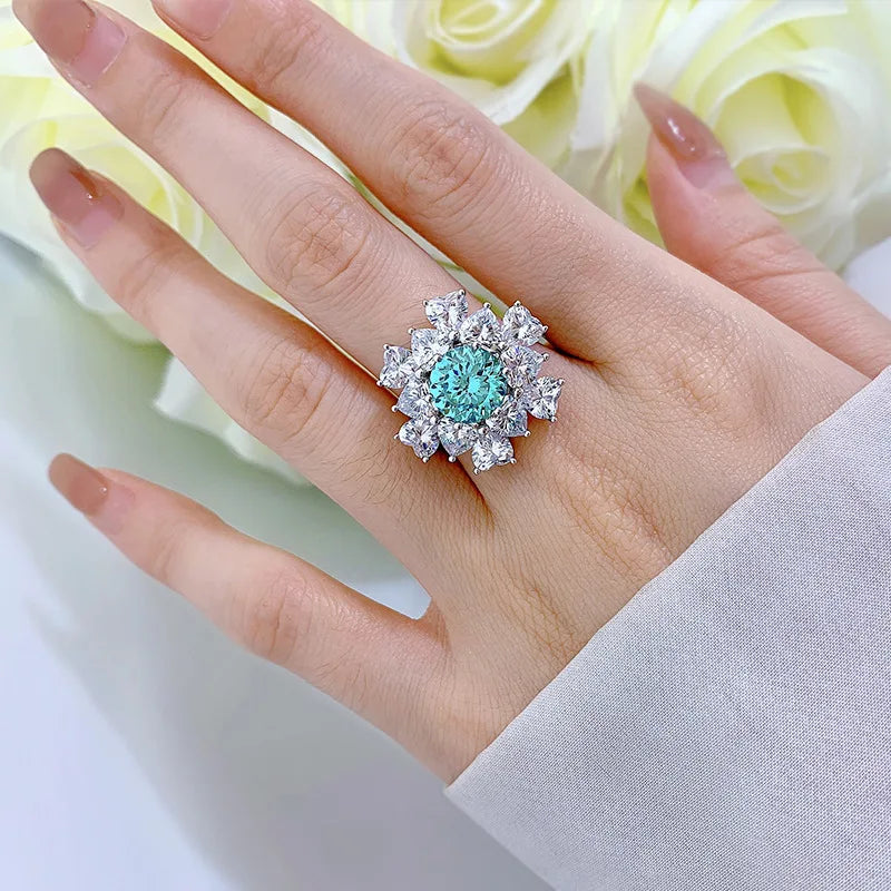 Flower Aquamarine Blue Round Cut Moissanite Diamonds 18k White Gold Plated Engagement Ring-Mix MIx Style